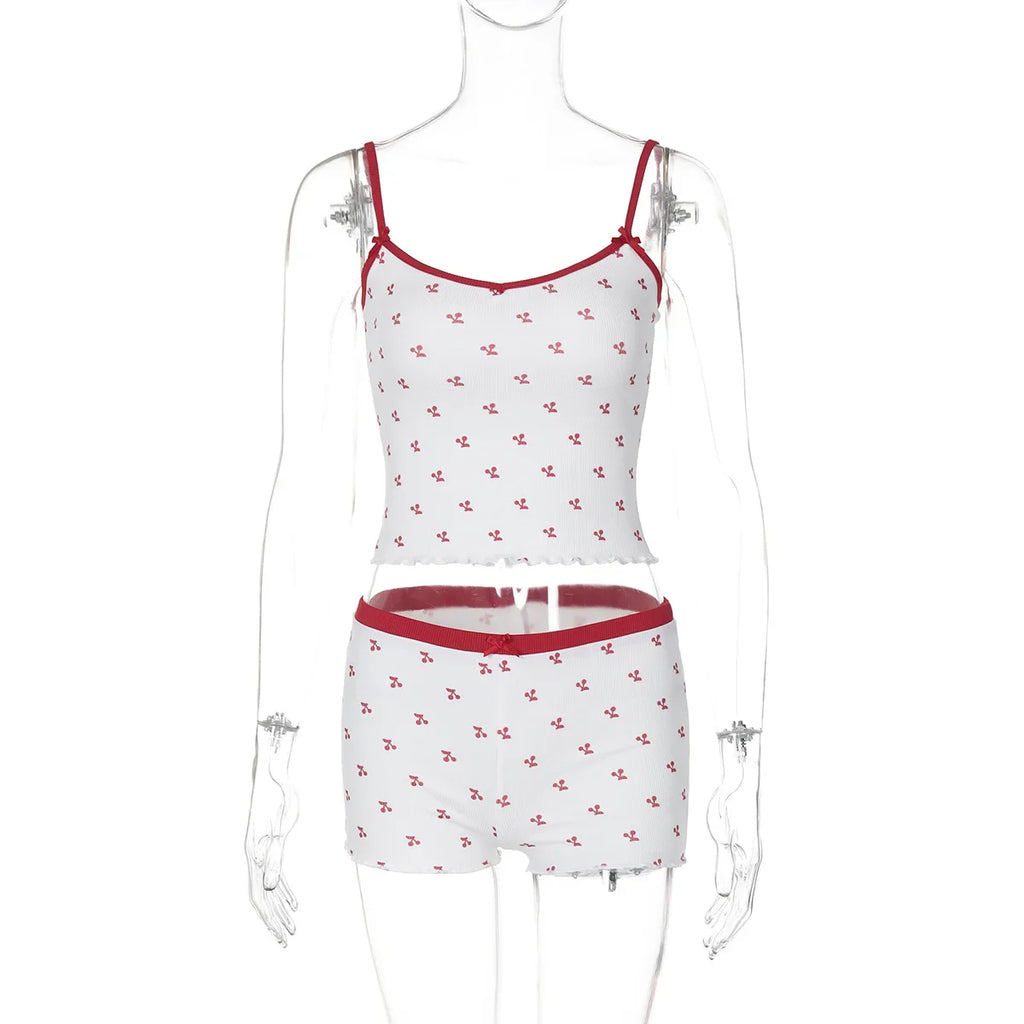 Cherry Print Two-Piece Matching Set with Slim Crop Camisole Top and Bow-Accent Shorts Summer Casual Festival and Workout Outfit for Women