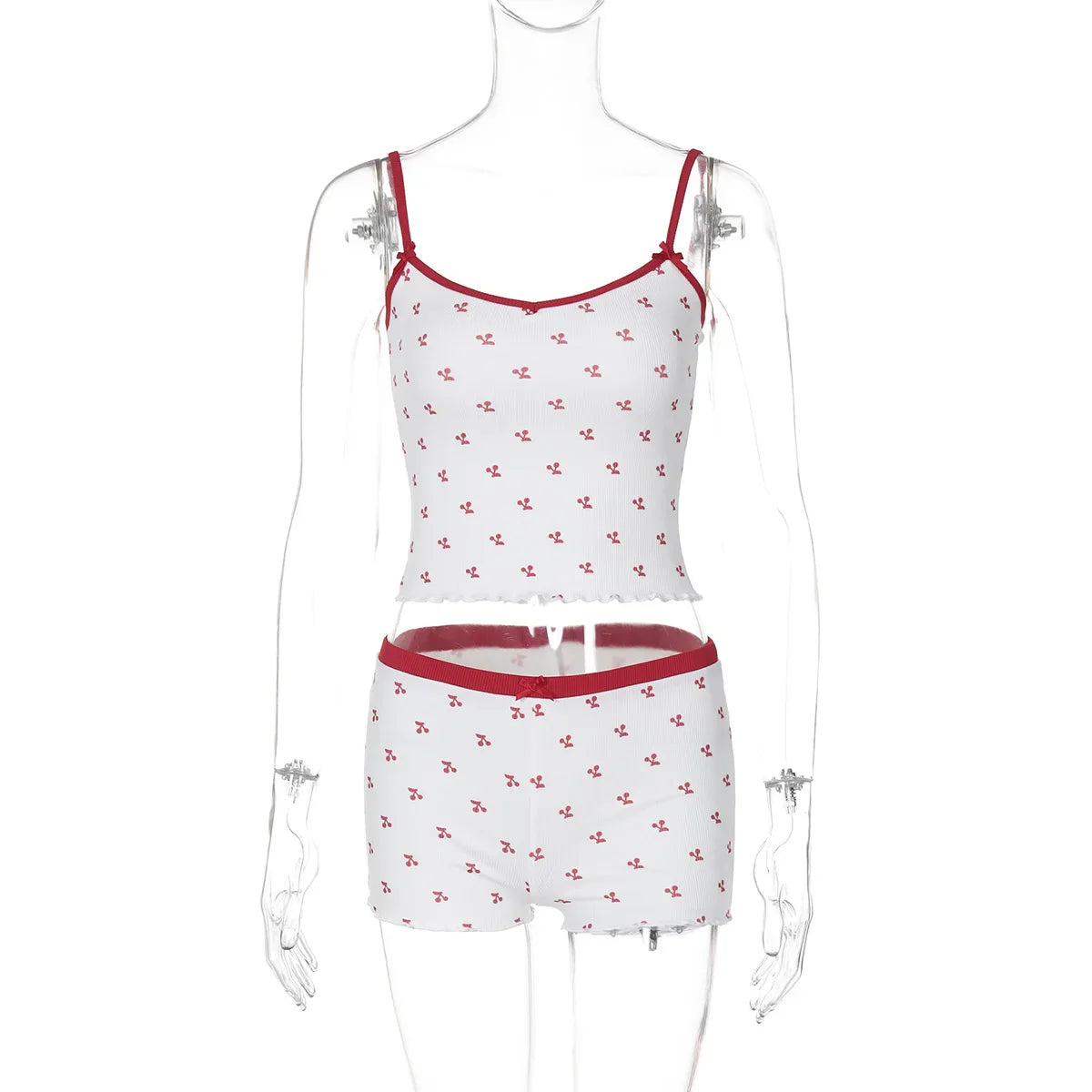 Cherry Print Two-Piece Matching Set with Slim Crop Camisole Top and Bow-Accent Shorts Summer Casual Festival and Workout Outfit for Women
