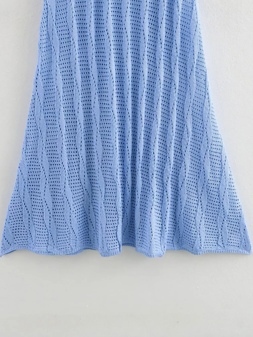 Blue Knit Beach Maxi Dress V Neck Long Sleeve Sheer