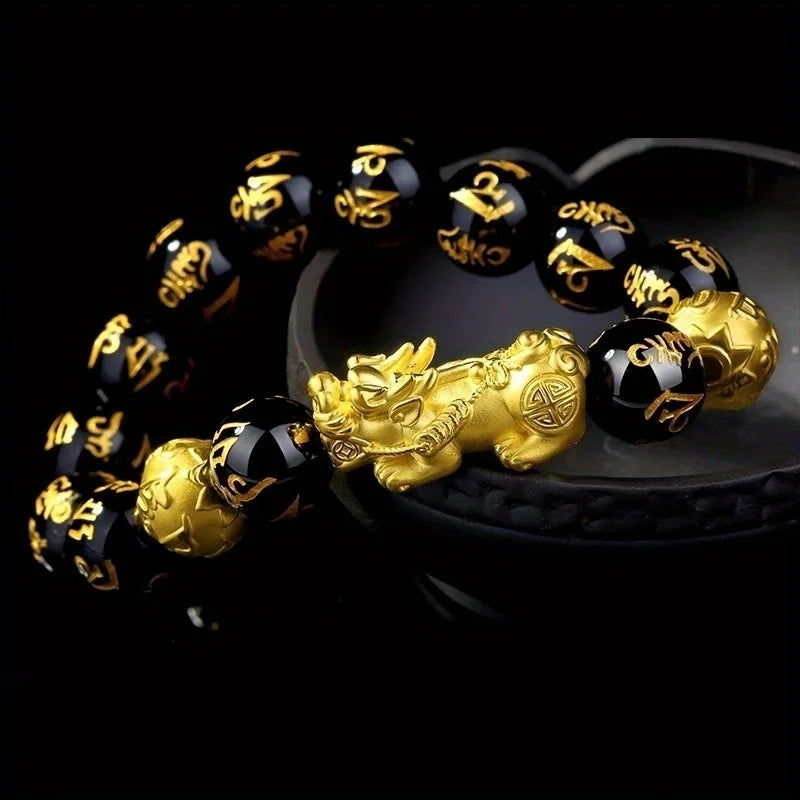 Obsidian Stone Beads Pixiu Bracelet for Wealth and Luck for Men and Women