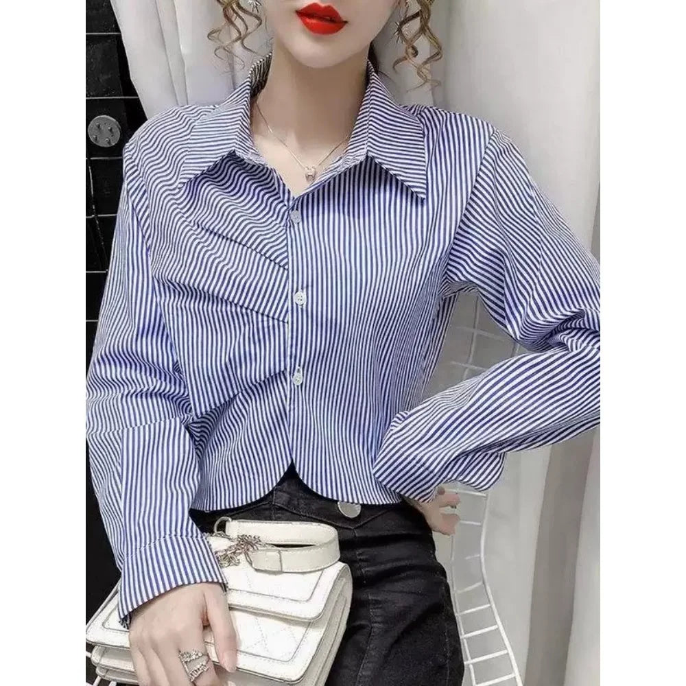 Elegant Office Lady Stripe Shirt with Chic White Long Sleeve Blouse for Casual and Professional Wear