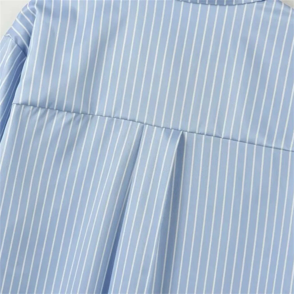 Women's Vertical Stripe Long Sleeve Shirt with Disc Buckle and Irregular Retro Design Slim Fit Casual Office Blouse