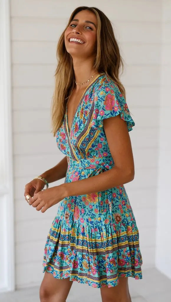Bohemian Printed Dress With V Neck Lace Up Short Skirt