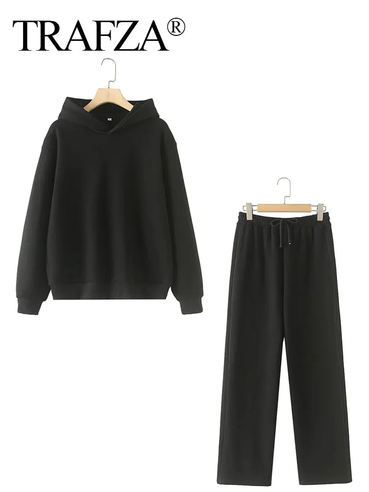 Women's Fleece Coat and Pant Set with Long Sleeve Hooded Sweatshirt and Casual Drawstring Trousers for Office and Everyday Wear