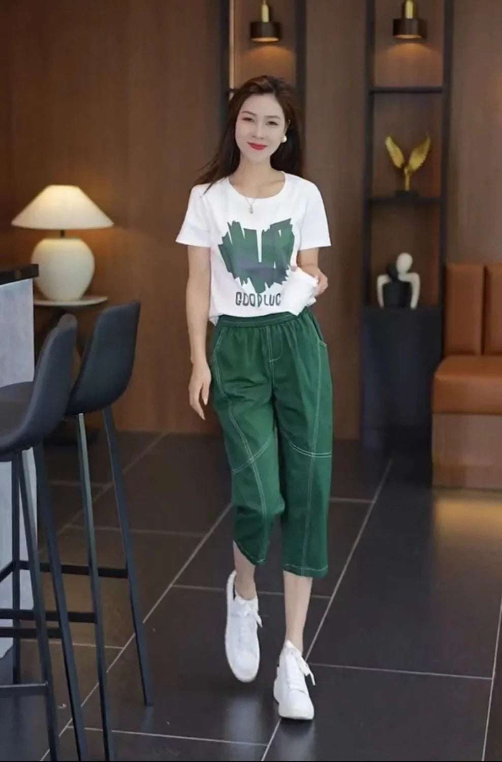 Women's Casual Summer Two Piece Set with Short Sleeve T-Shirt and Calf-Length Pants