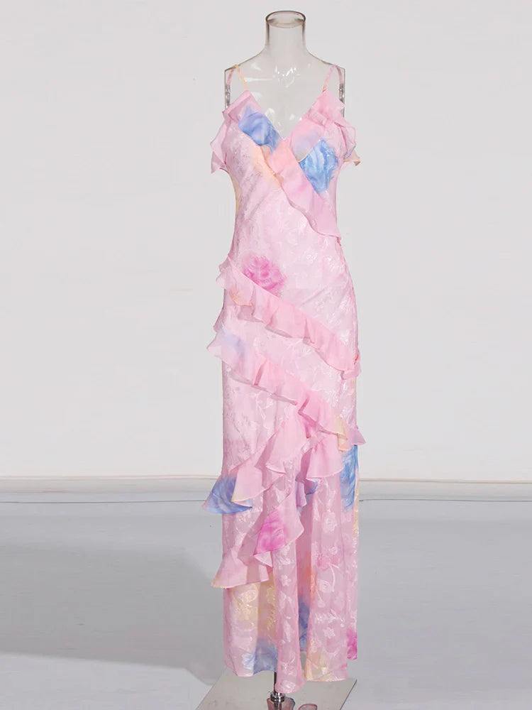 V Neck Sleeveless Backless Long Dress With Ruffles For Women