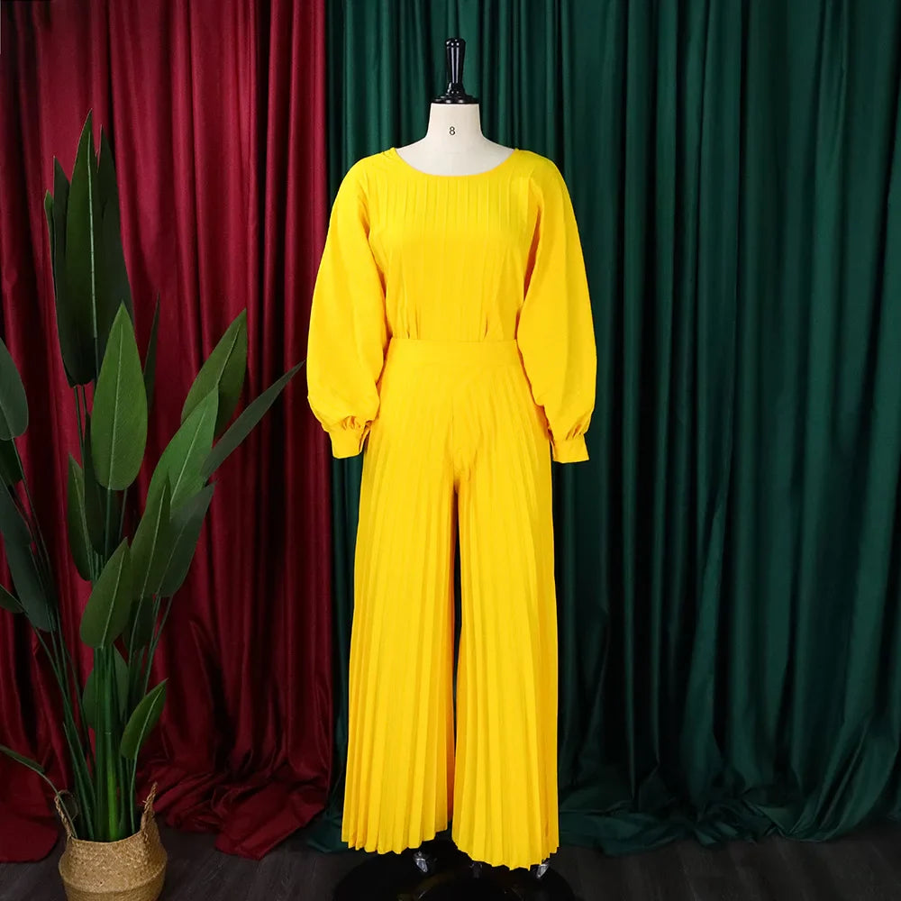 Elegant 2 Piece Women's Outfit with O Neck Blouse and High Waisted Wide Leg Pants Set