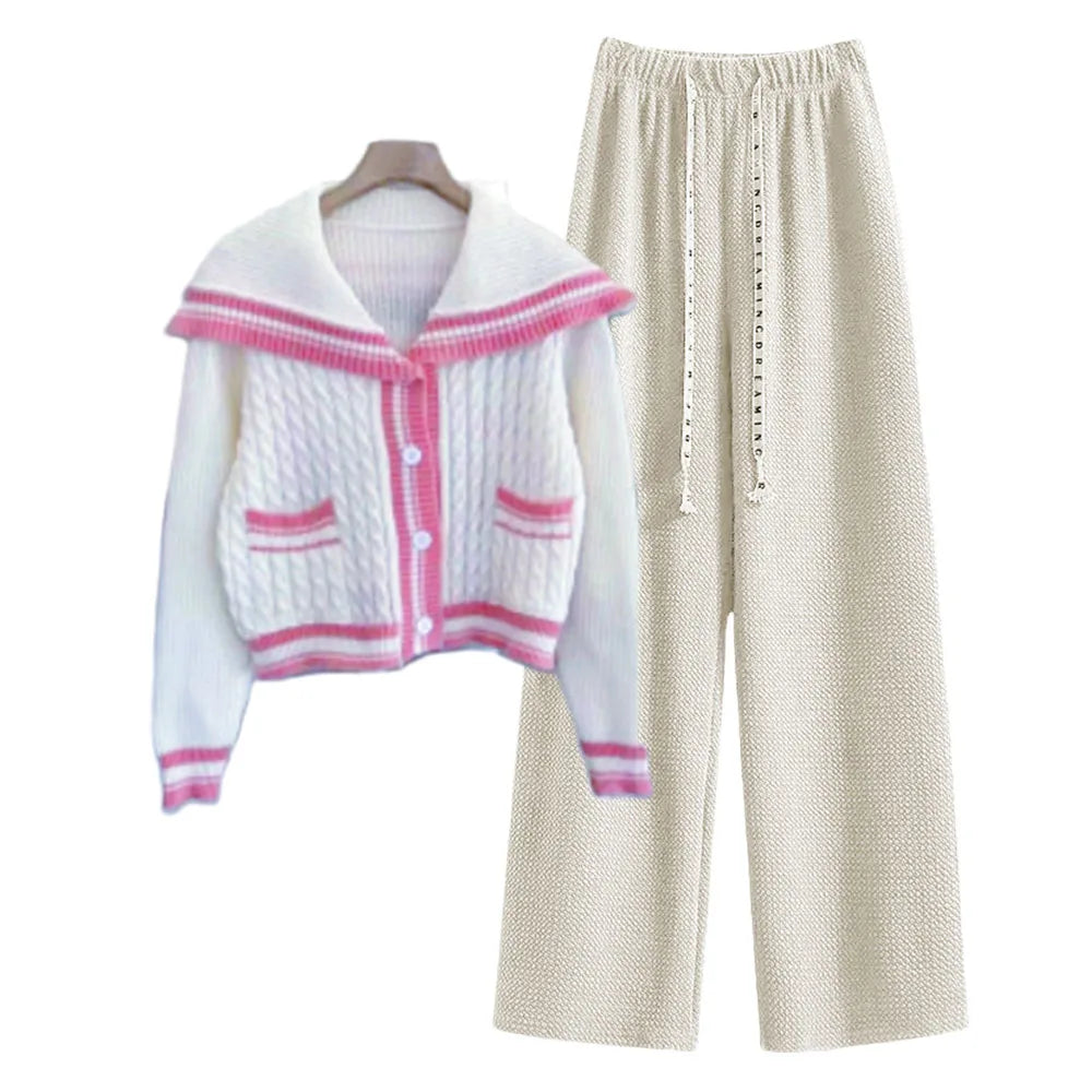 Preppy Style Knitted Two Piece Set with Sailor Collar Sweater and Elastic Pants for Women's Korean Sportswear