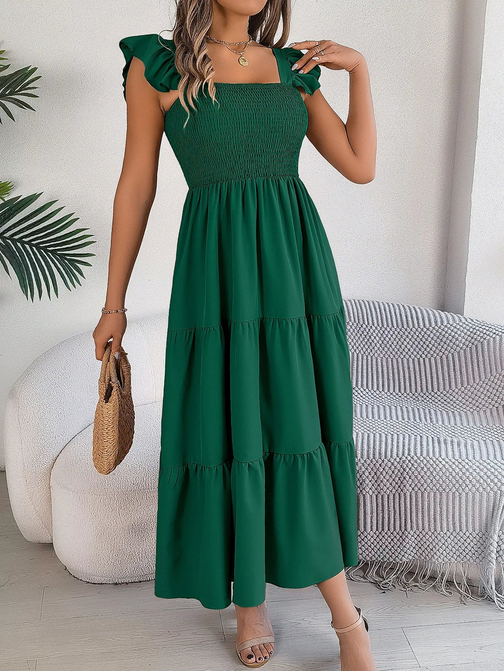 Square Neck Maxi Dress for Women Solid Summer Color