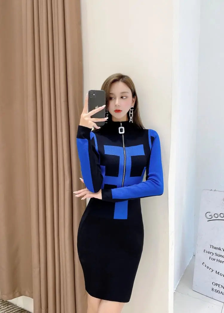 Winter Knit Bodycon Dress With Zipper Pattern Chic