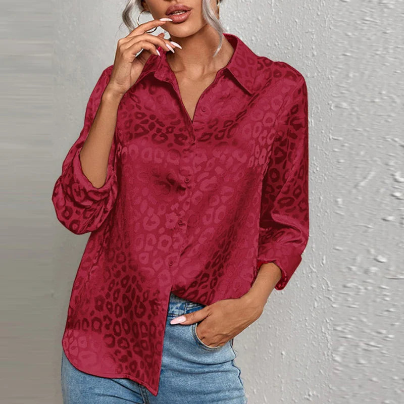 Elegant Long Sleeve Leopard Jacquard Blouse for Women with Turn Down Collar and Button Front Office Shirt Autumn Spring Fashion Top