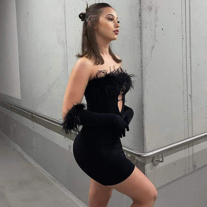 Feather Off Shoulder Mini Dress With Heart Cutouts Party