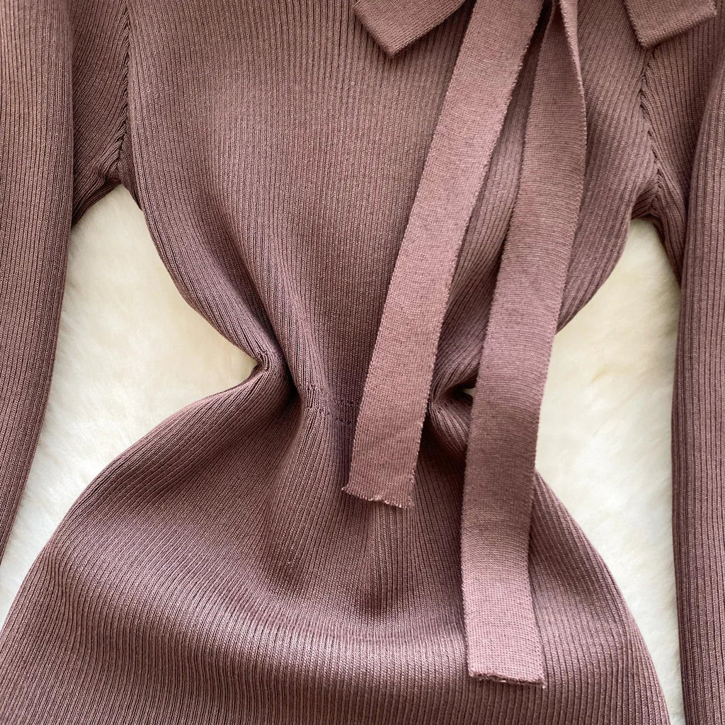 Knitted Short Dress With O Neck Bow Bodycon Chic Style