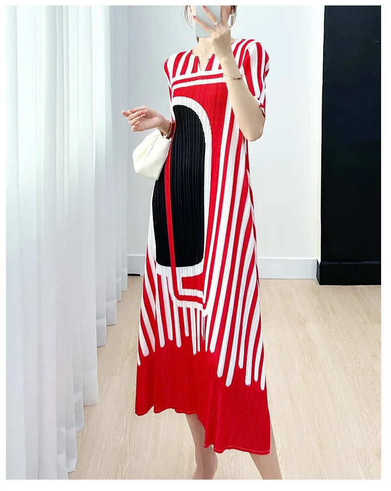 Pleated Striped Dress For Women O Neck Short Sleeve