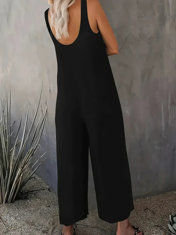 Loose Solid Color Wide Leg Jumpsuit with Sleeveless Scoop Neck Pockets Summer Casual Comfortable Pullover Romper for Women