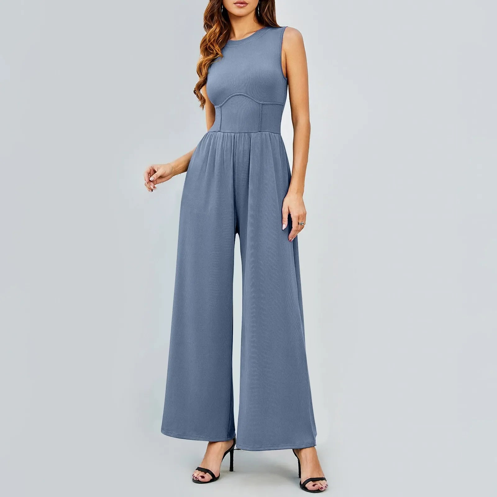 Women Sleeveless High Neck Ribbed Tank Top Jumpsuit Wide Leg Pants Romper with Tummy Control and High Waist Casual Summer Outfit