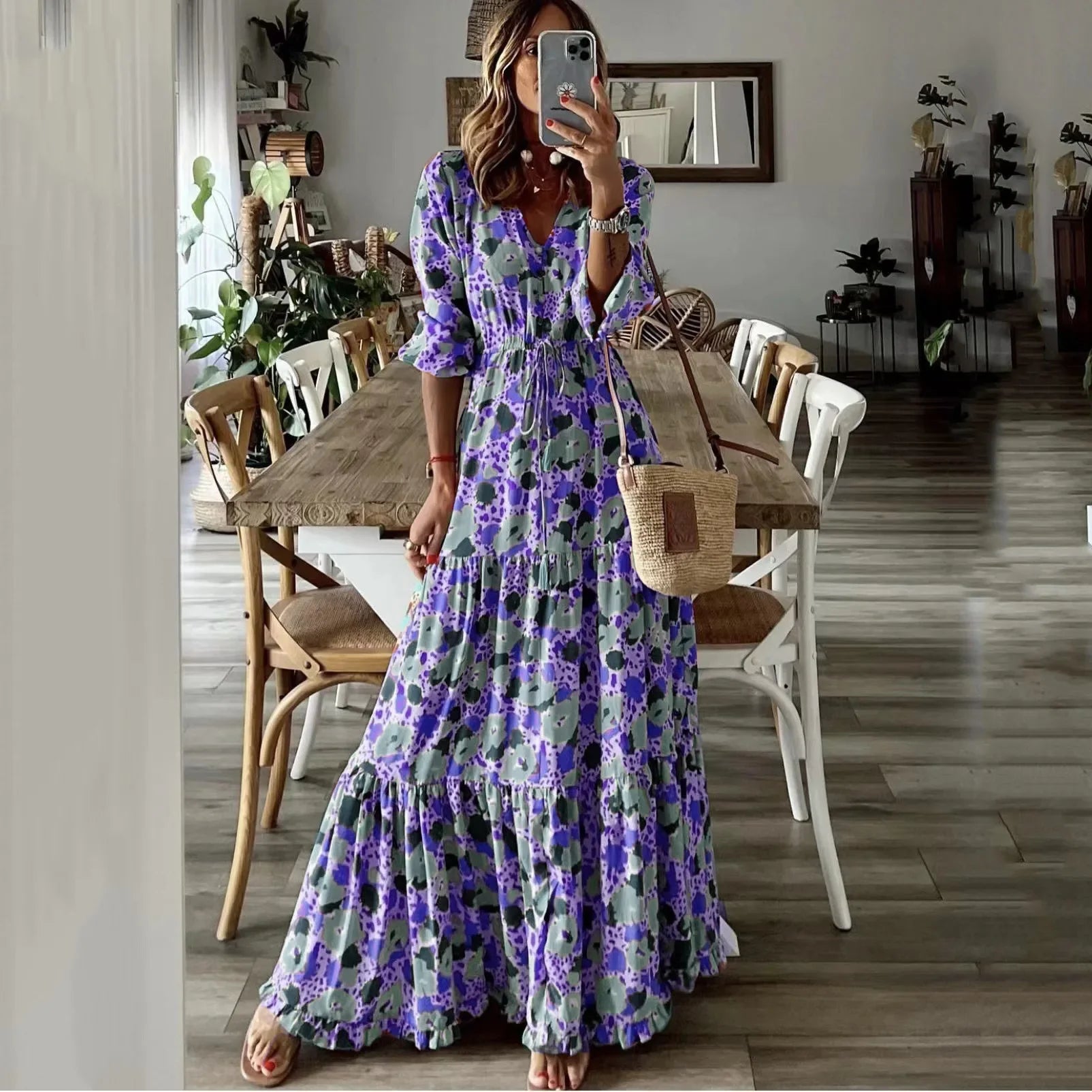 Bright Summer Maxi Dress V Neck Printed For Women Vacation