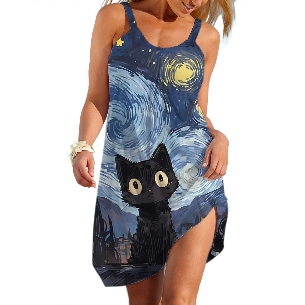 Cat Print Slip Dress 3D For Women Sleeveless Summer Casual