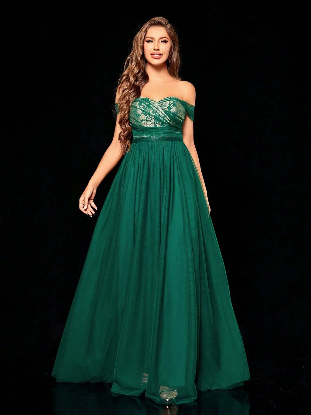 One Shoulder Mesh Maxi Dress With Gold Lace Accent