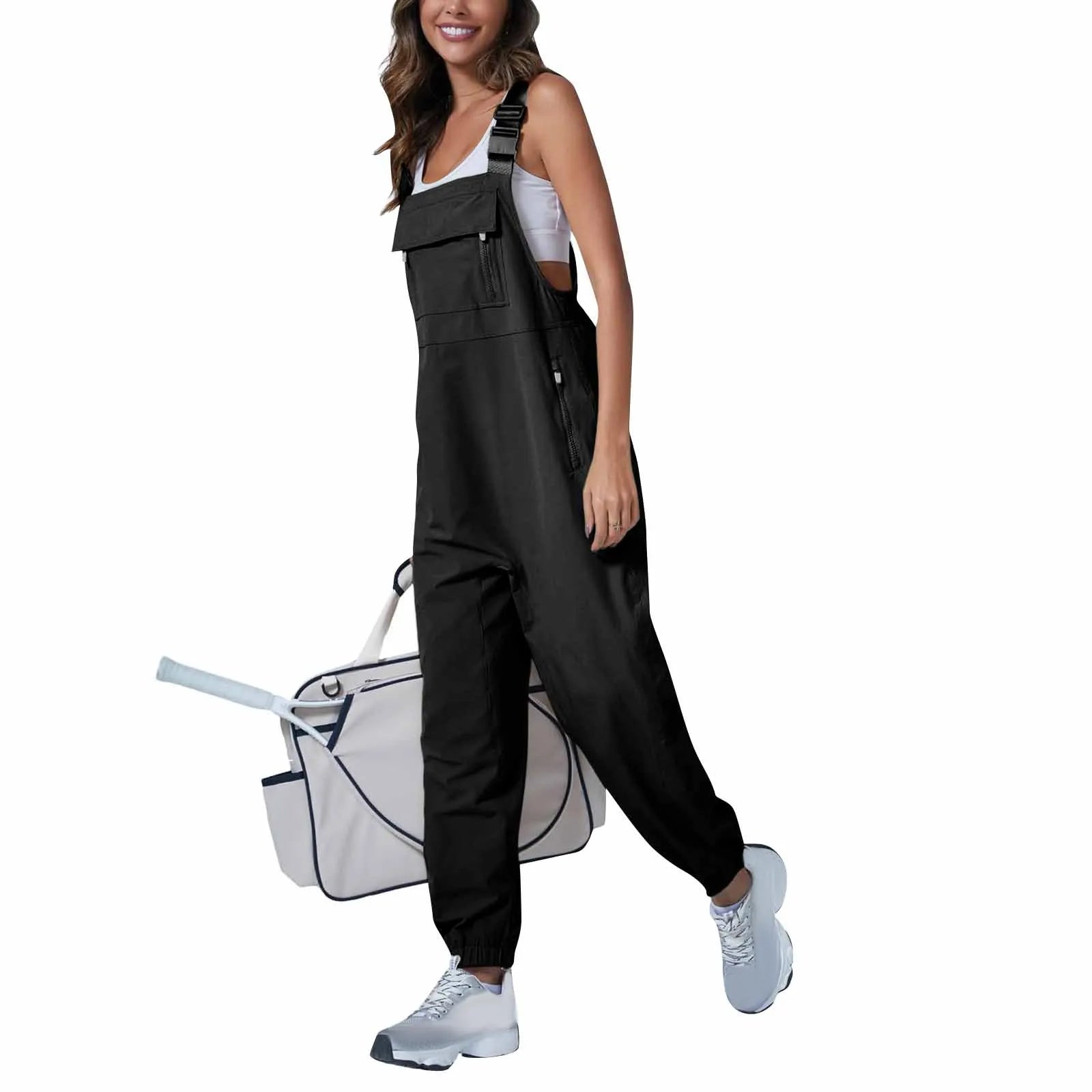 Women's Summer Casual Loose Wide Leg Jumpsuit with Adjustable Straps Pockets and Retro Button Detail Solid Color Sleeveless Overalls