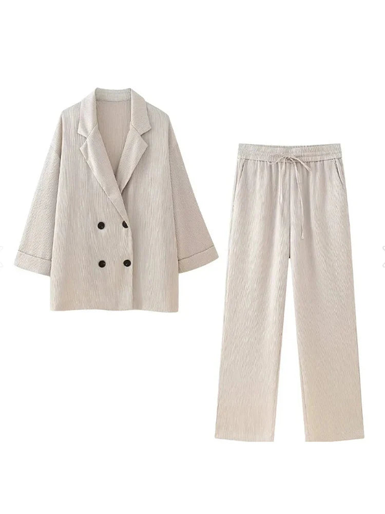 Women's Satin Blazer and High Waisted Straight Leg Pant Set with Crease Texture