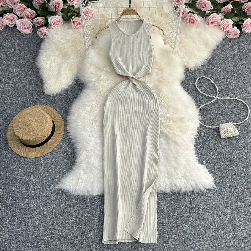 Knot Hollow Out Waist Knitted Bodycon Maxi Dress For Women
