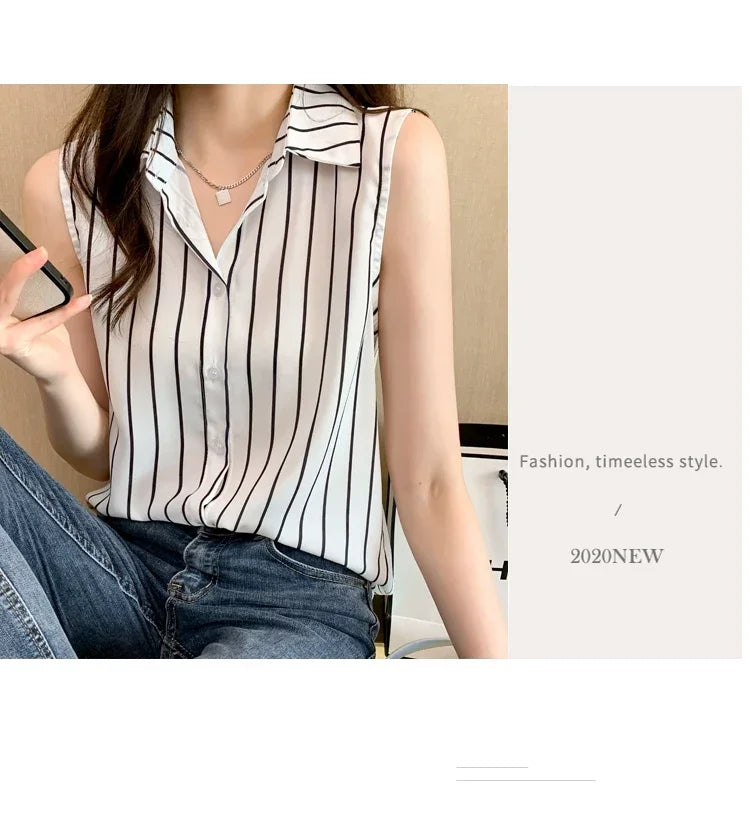 Striped Sleeveless Chiffon Blouse for Women Summer Vest Casual Lightweight Tops Basic White Shirt
