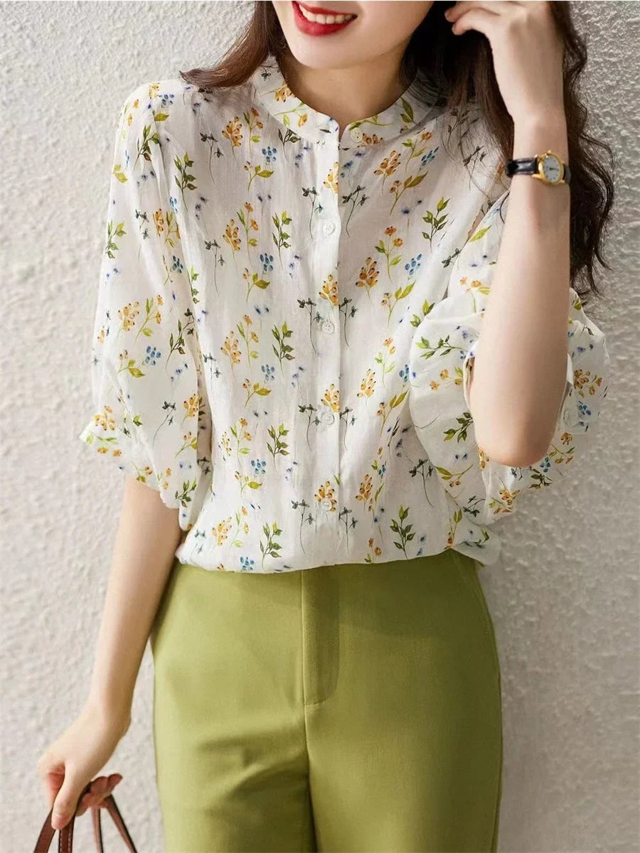 Women Casual Summer Blouse with Short Puff Sleeves and Stand Collar Featuring Elegant Flower Print