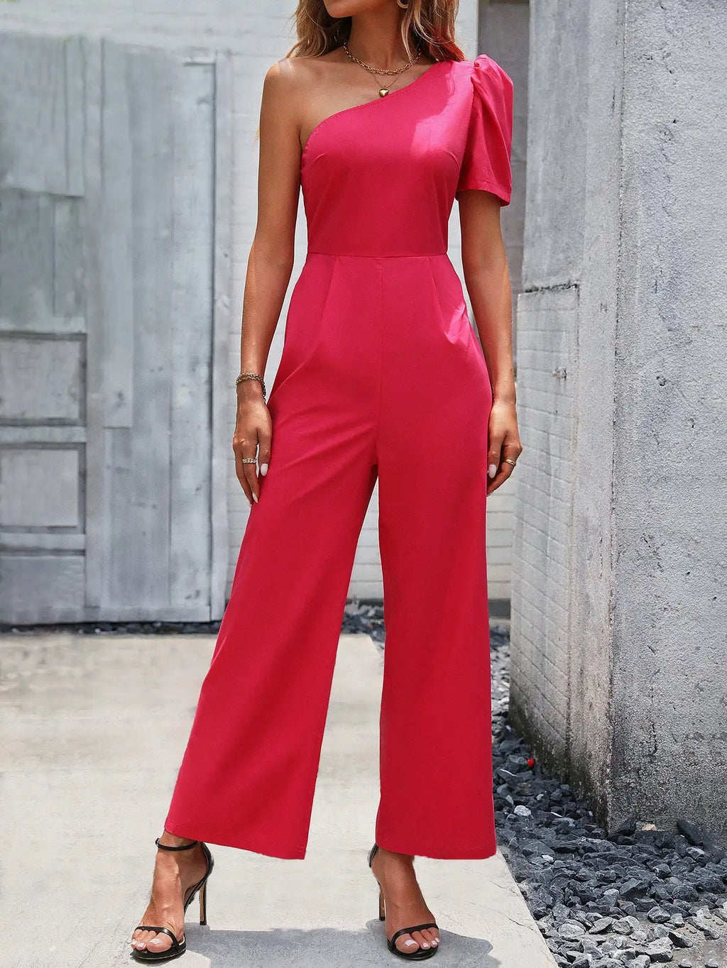 Elegant Stylish Women Romper with Diagonal Collar Short Sleeve Asymmetrical Lantern Sleeve Casual Sexy Jumpsuit Pants
