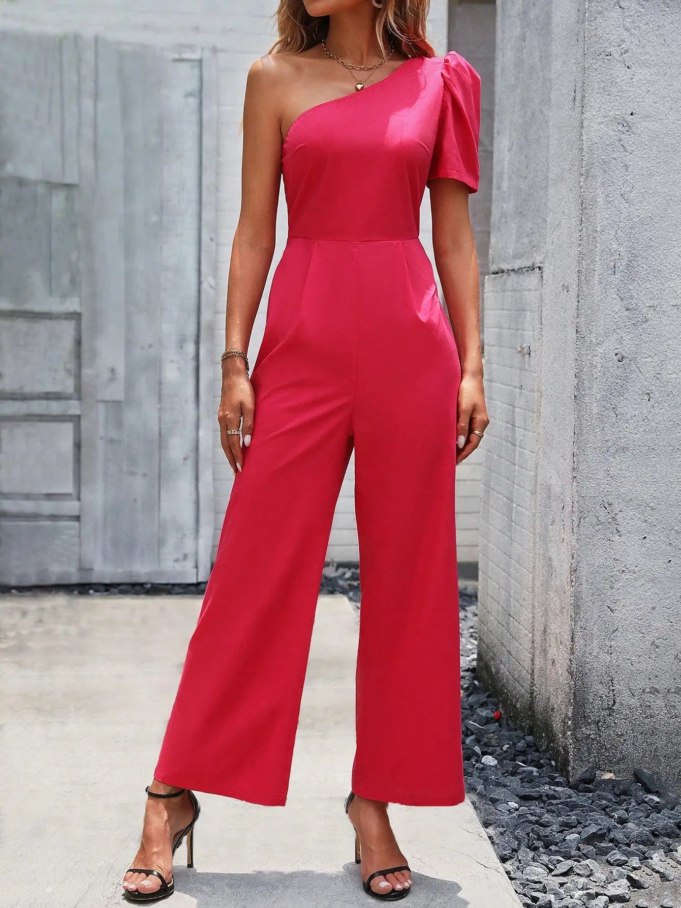 Elegant Stylish Women Romper with Diagonal Collar Short Sleeve Asymmetrical Lantern Sleeve Casual Sexy Jumpsuit Pants