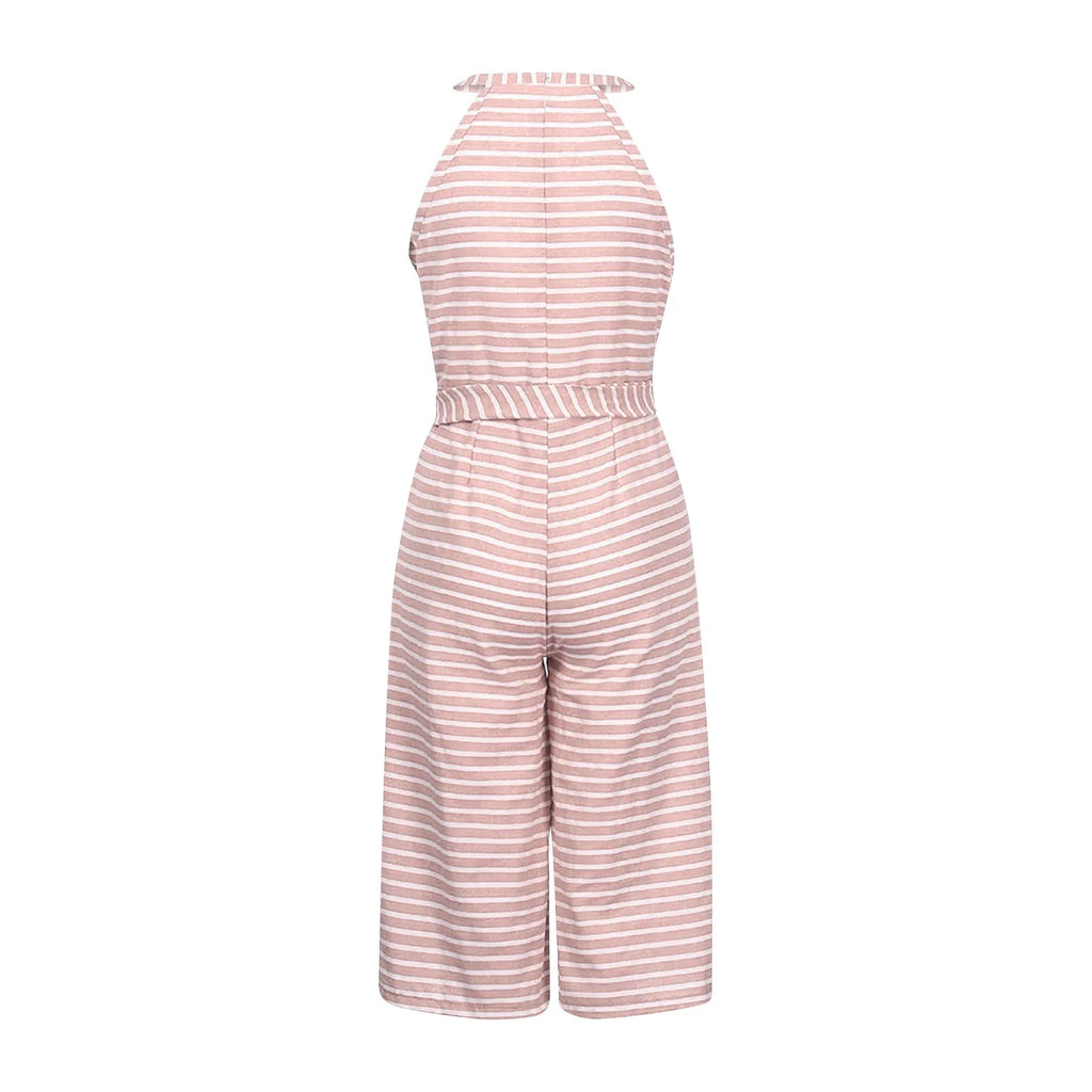 Elegant Sleeveless Striped Jumpsuit for Women Wide Leg Belted Romper Loose Fit Overalls Trousers