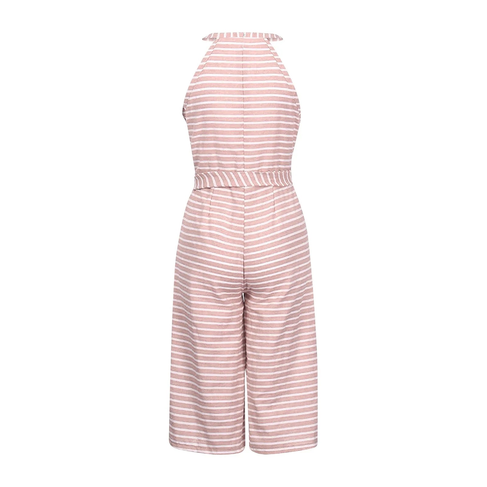 Elegant Sleeveless Striped Jumpsuit for Women Wide Leg Belted Romper Loose Fit Overalls Trousers
