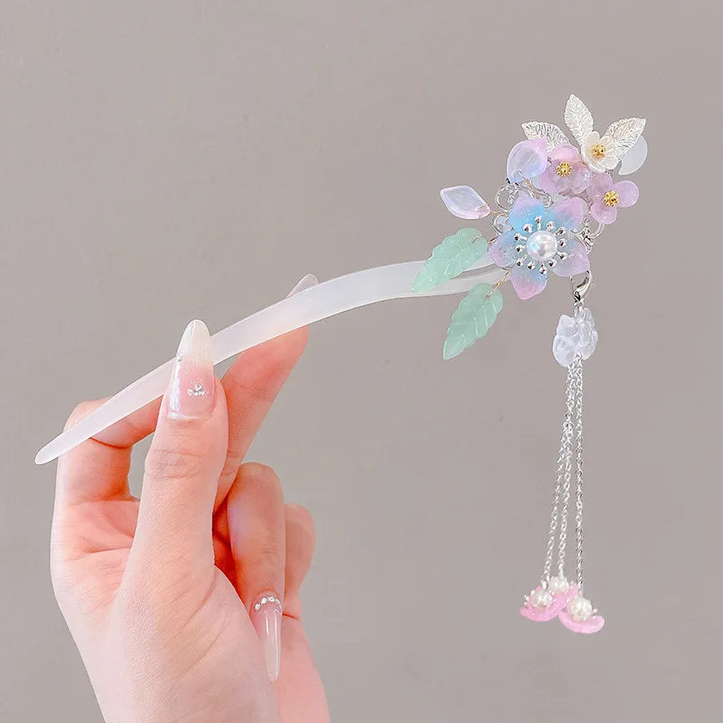 Elegant Enameled Flower Tassel Hair Clip Alloy Hairpin for Women Stylish Chinese Hair Accessory