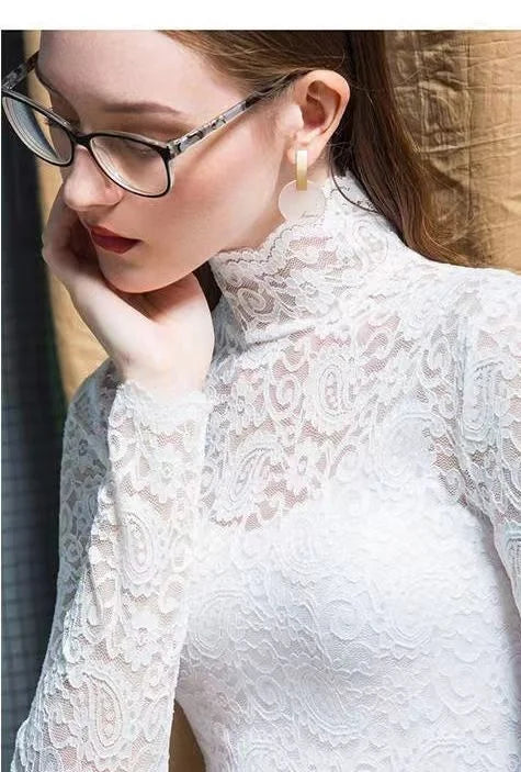 Thick and Thin Fleece Women's Long Sleeve High Neck Lace T-Shirt for Office and Casual Wear