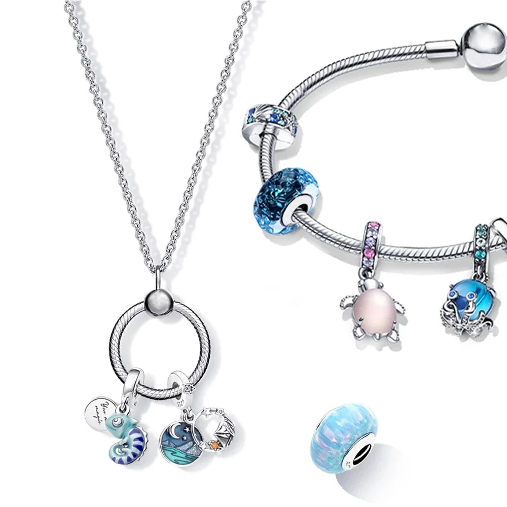 Ocean Blue Coconut Tree Octopus Turtle Charms for 925 Silver Bracelet Jewelry Beads for Women