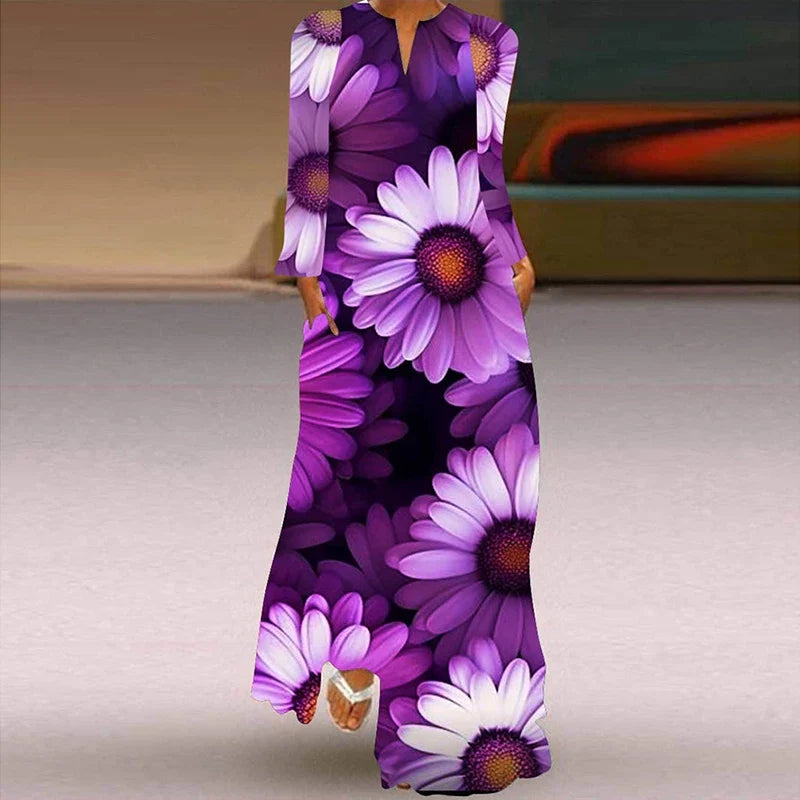 Printed V Neck Long Sleeve Dress With Large Pockets