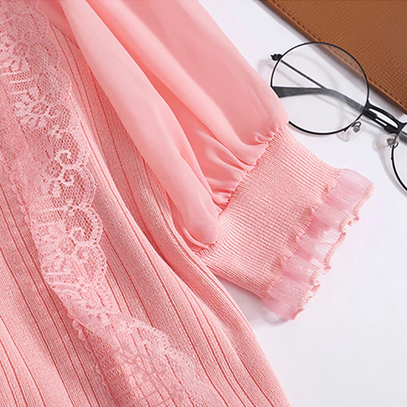 Women's Spring Summer Chiffon Short Sleeve Top Vintage V Neck Lace Trim Pearl Button Blouse Ribbed Elastic Waist Pleated Casual Office Shirt