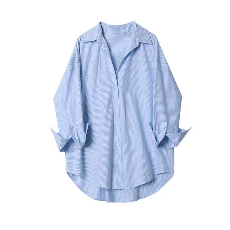 Women's Loose Fit Oxford Long Sleeve Shirt with Lapel Collar Elegant Vintage Blouse for Office and Fall Wear