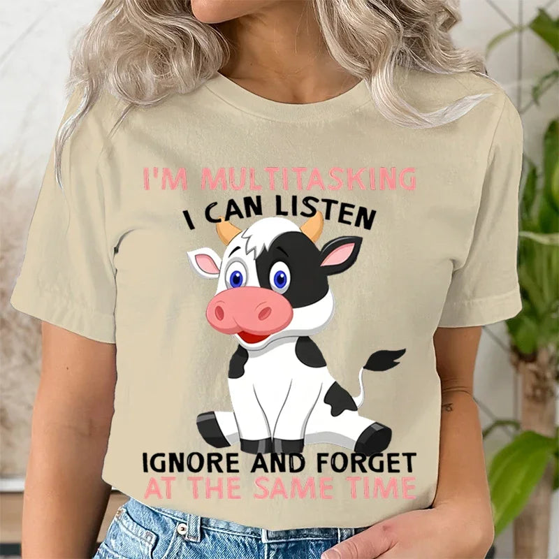 Cute Cow Print Short Sleeve Women's T-Shirt I'm Multitasking Casual Crew Neck Summer Top