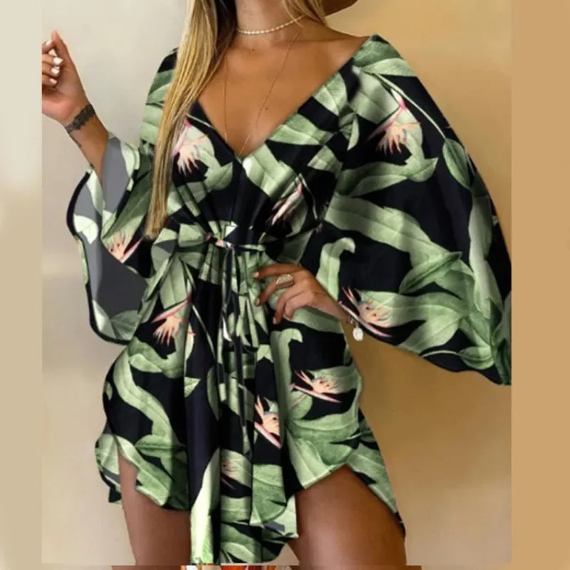 Printed Beach Resort Dress V Neck Bat Wing Sleeve Lace Up