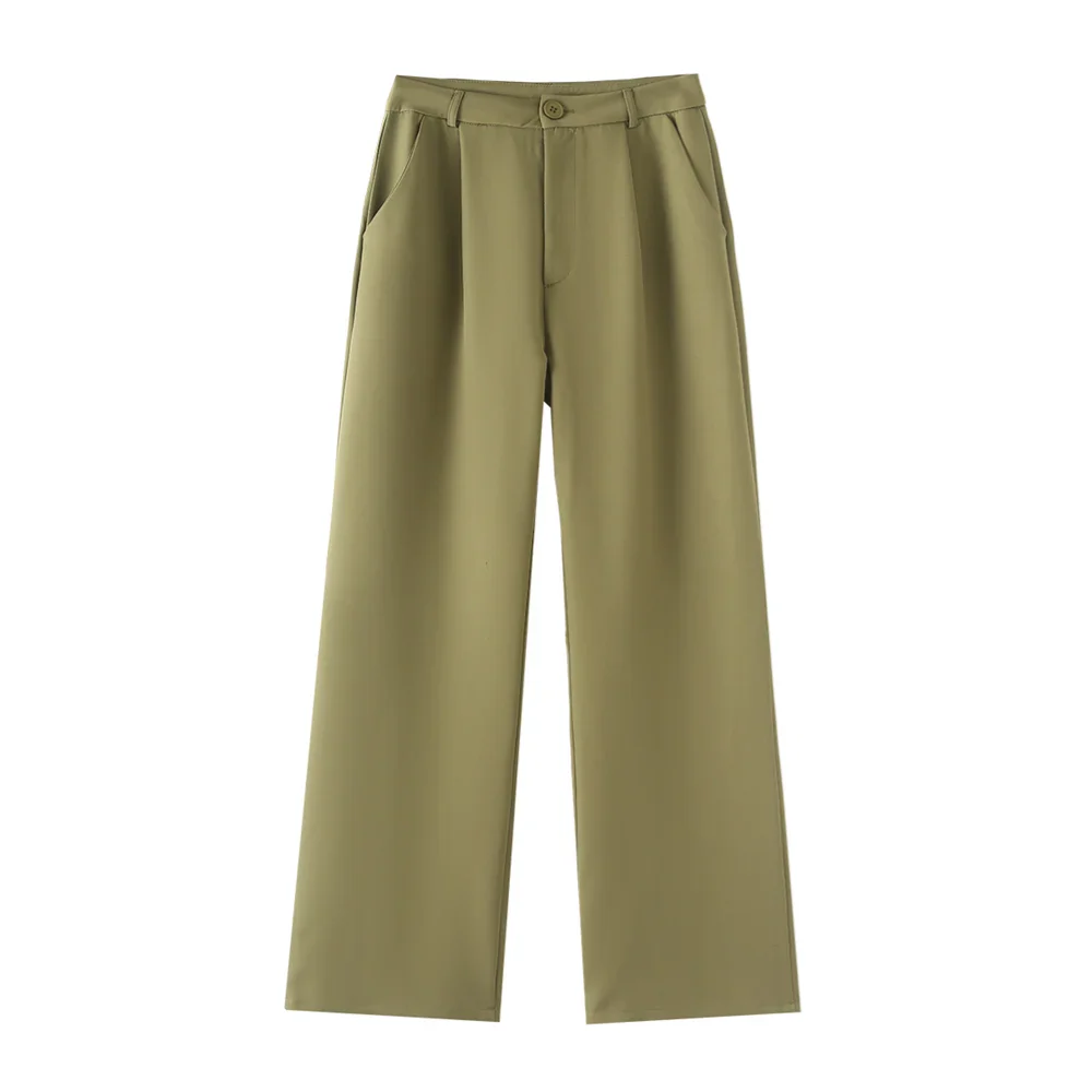 Chic Women's Green Fruit Collar Suit Coat and Straight Leg Pants Two Piece Set for Effortless Commuting Style