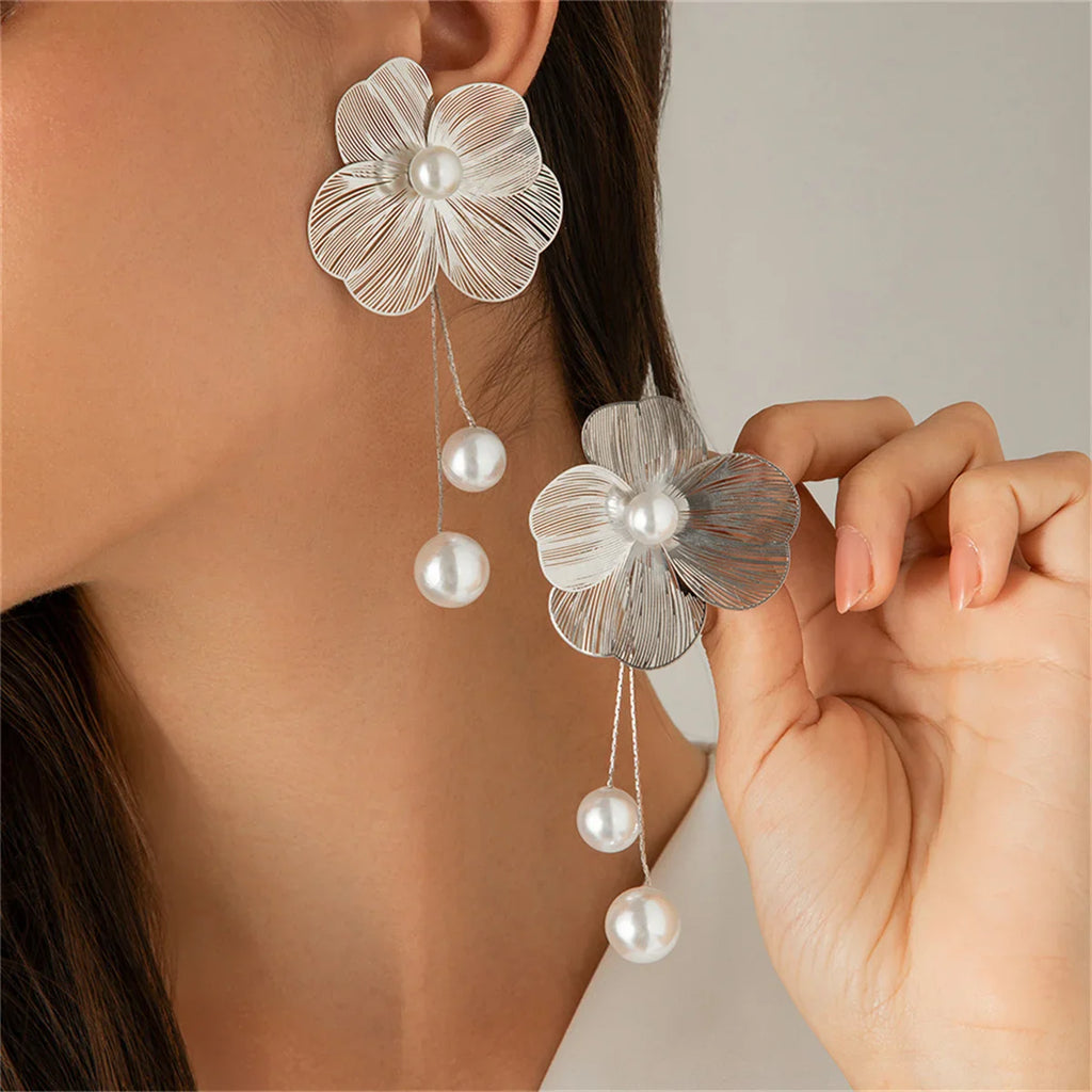 Women's Flower Petal Long Tassel Drop Earrings with Imitation Pearl for Weddings and Special Occasions
