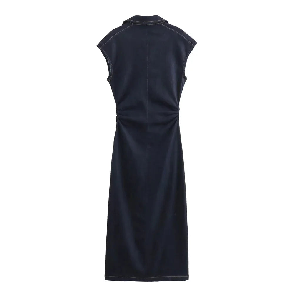 Casual Sleeveless Shirt Dress For Women Flip Collar Midi