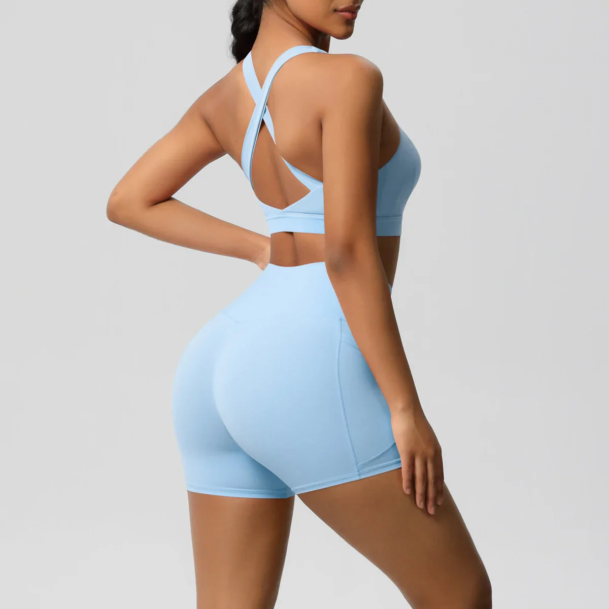 2PCS Pocketed Yoga Set for Women with Crossover Bra and Gym Leggings Workout Tracksuit Sports Shorts Activewear