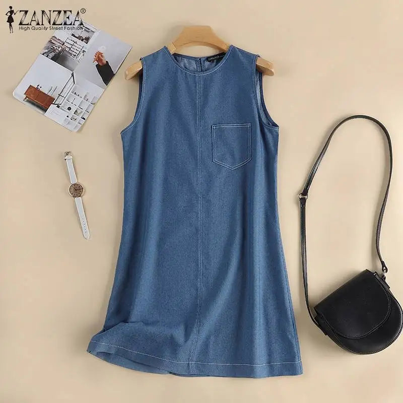 Denim Midi Dress for Women Sleeveless O Neck Blue Casual