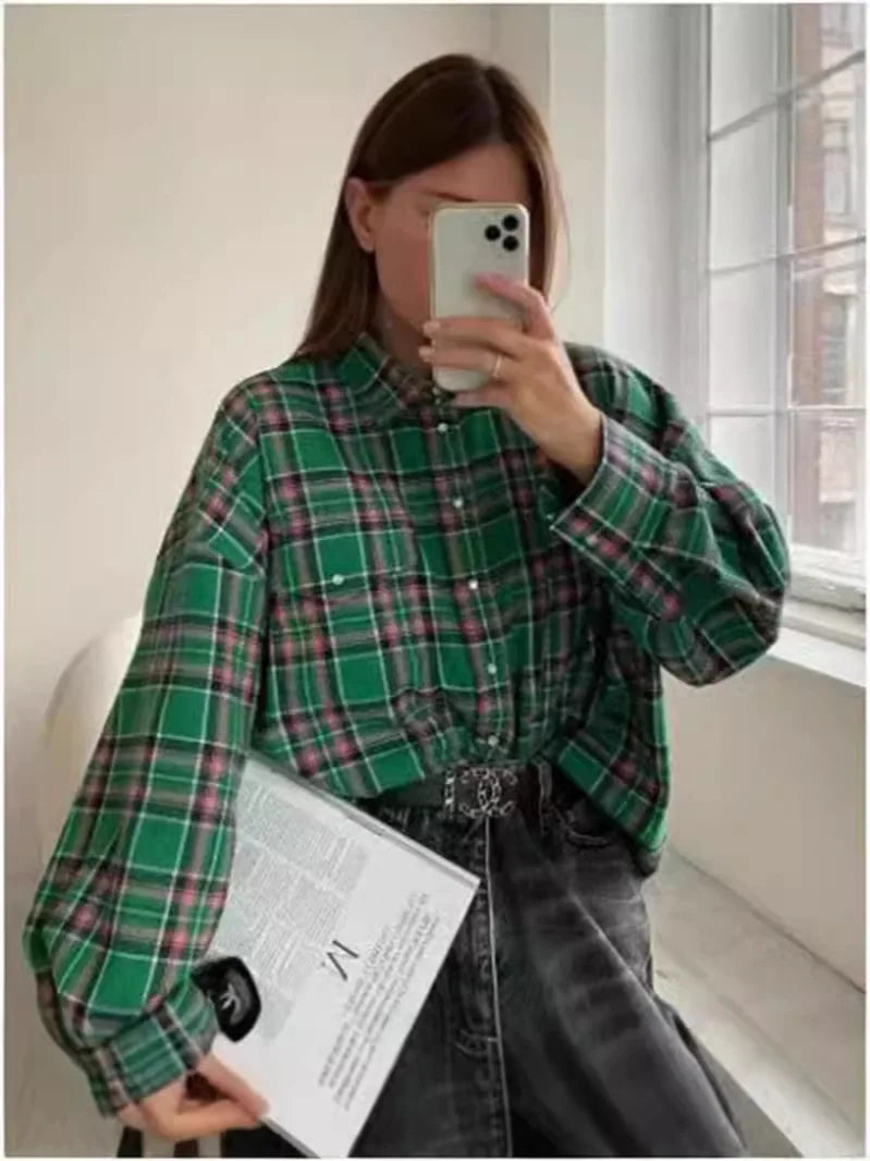 Vintage Plaid Oversized Blouse for Women Long Sleeve Lapel Shirt with Pockets Casual Streetwear Spring Summer Fashion Top