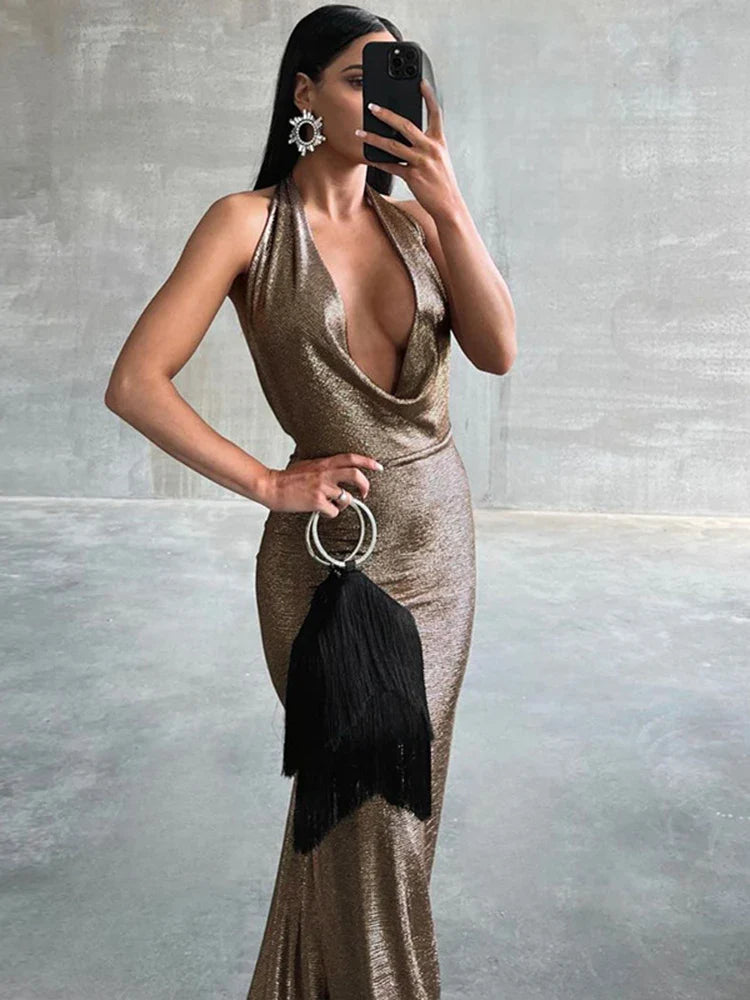 Glitter Halter Maxi Dress Backless V Neck Evening Party