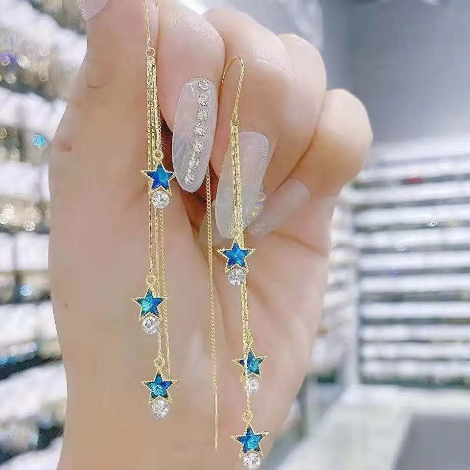Blue Heart Shaped Zircon Dangle Earrings for Women with Long Tassel Design Perfect for Weddings and Parties