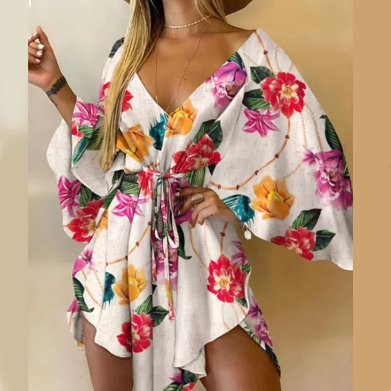 Printed Beach Resort Dress V Neck Bat Wing Sleeve Lace Up