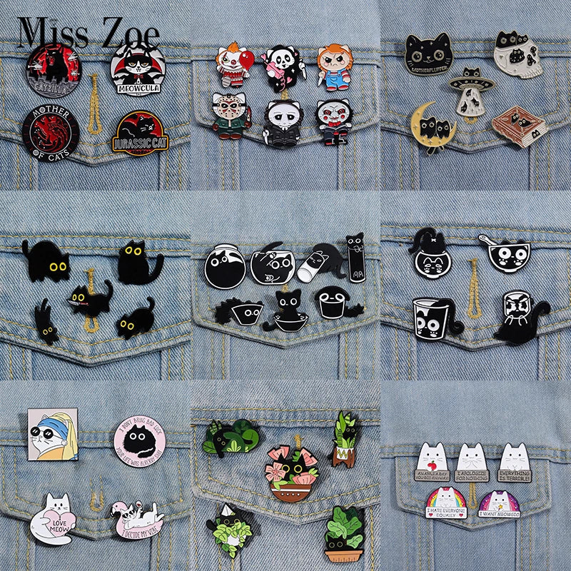 Cute Cat Enamel Pins Set of 4 to 6 Black Fluid Cat Brooches Lapel Badges Unique Animal Jewelry Gift